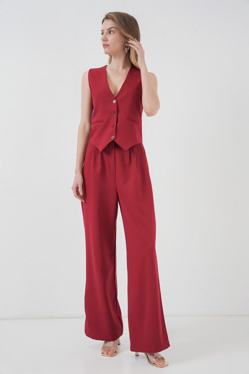 Merterium 6709 Kadın Yelek Pantolon İkili Takım - Bordo