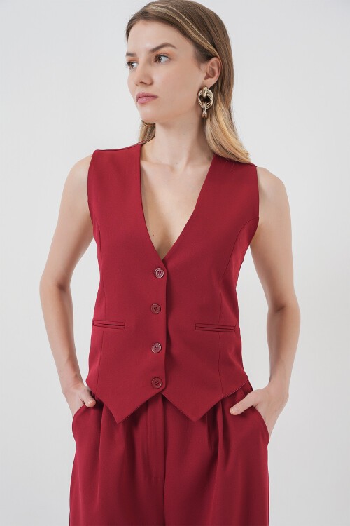 Merterium 6709 Kadın Yelek Pantolon İkili Takım - Bordo