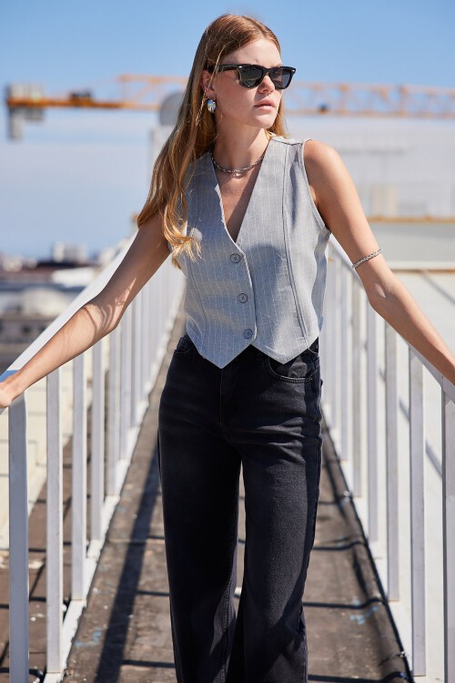 Merterium 6794 Çizgili Dokuma Yelek - Gri