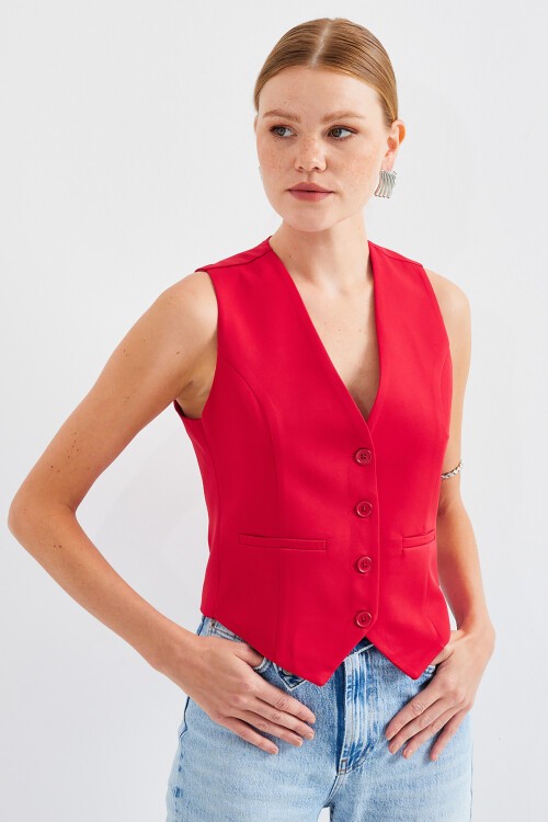 Merterium 6796 Kısa Dokuma Yelek - Kırmızı