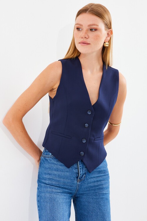 Merterium 6796 Kısa Dokuma Yelek - Lacivert