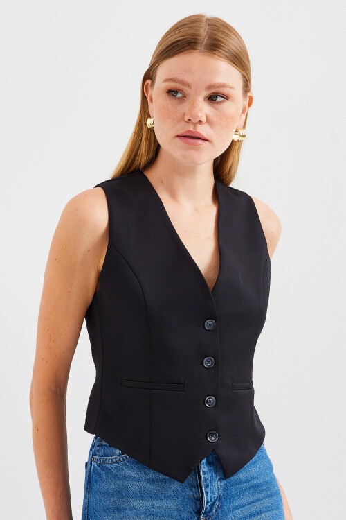 Merterium 6796 Kısa Dokuma Yelek - Siyah