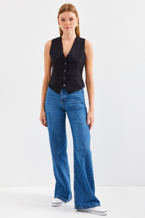 Merterium 6796 Kısa Dokuma Yelek - Siyah