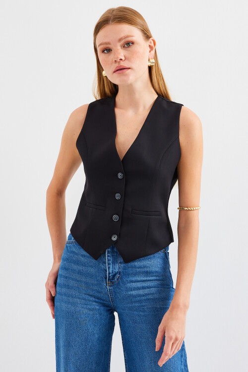 Merterium 6796 Kısa Dokuma Yelek - Siyah