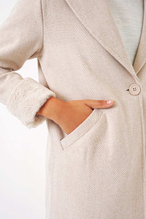 Merterium 9085 Balık Sırtı Kaşe Kaban - M. Krem