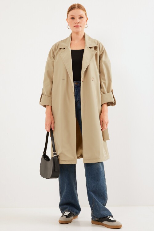 Merterium 9104 Kruvaze Yaka Astarlı Trençkot - A.Haki