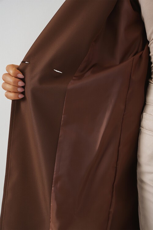 Merterium 9104 Kruvaze Yaka Astarlı Trençkot - Kahverengi