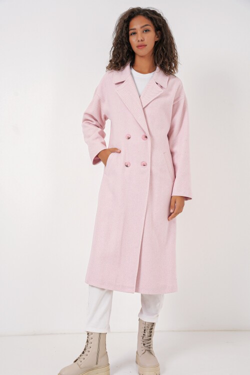 Merterium 9113 Oversize Geniş Kesim Yünlü Uzun Kaşe Kaban - Pudra