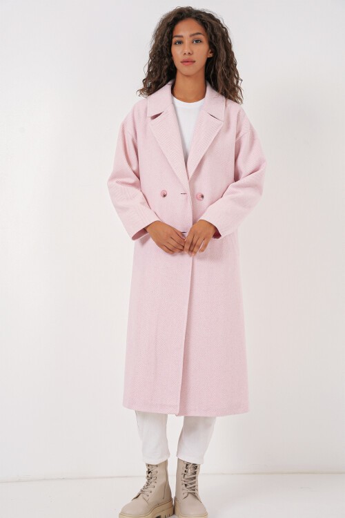 Merterium 9113 Oversize Geniş Kesim Yünlü Uzun Kaşe Kaban - Pudra