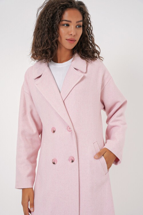 Merterium 9113 Oversize Geniş Kesim Yünlü Uzun Kaşe Kaban - Pudra