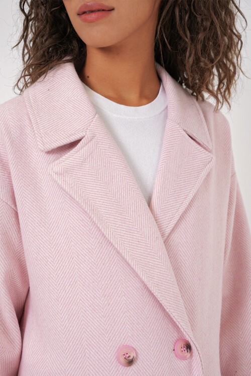 Merterium 9113 Oversize Geniş Kesim Yünlü Uzun Kaşe Kaban - Pudra