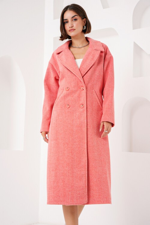 Merterium 9113 Oversize Geniş Kesim Yünlü Uzun Kaşe Kaban - Turuncu