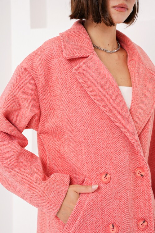 Merterium 9113 Oversize Geniş Kesim Yünlü Uzun Kaşe Kaban - Turuncu