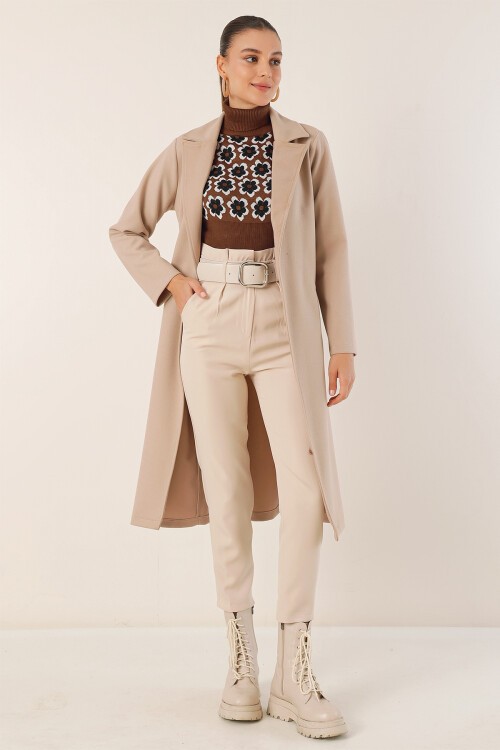 Merterium 9118 Kruvaze Yaka Kaşe Kaban - Bej