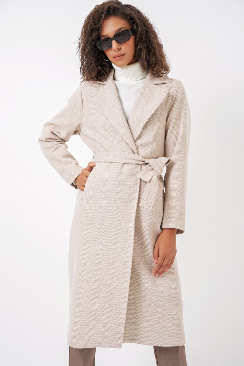 Merterium 9118 Kruvaze Yaka Kaşe Kaban - Krem