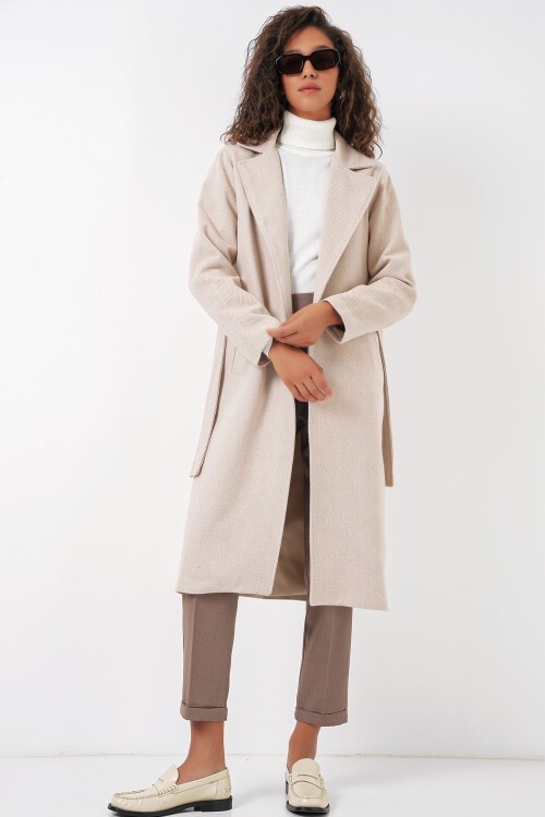 Merterium 9118 Kruvaze Yaka Kaşe Kaban - Krem