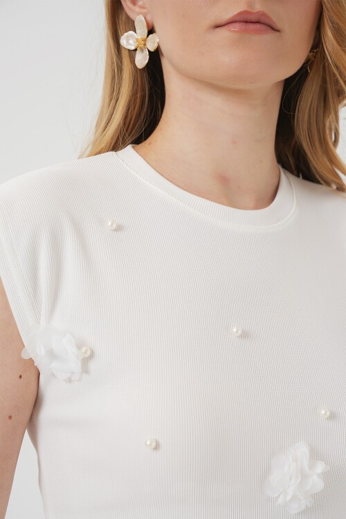 Merterium 929 Kısa Kol Örme Bluz - Beyaz