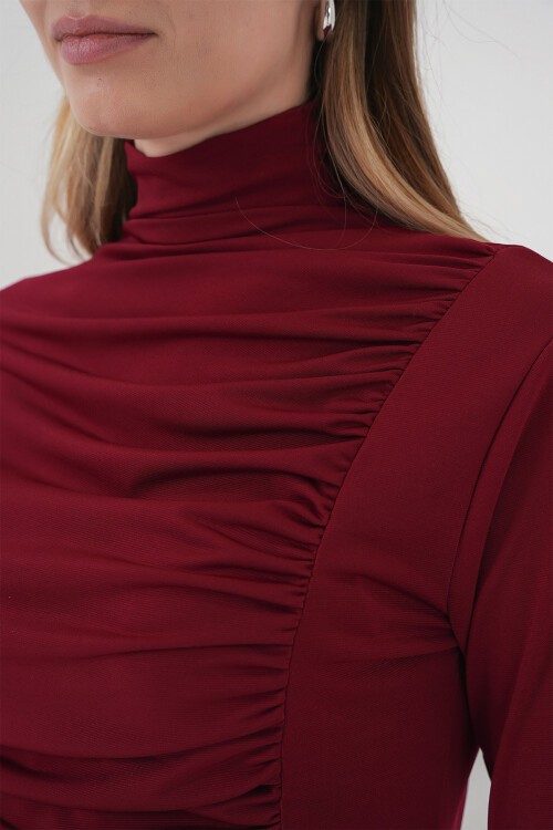 Merterium 938 Büzgü Detaylı Dik Yaka Sandy Bluz - Bordo