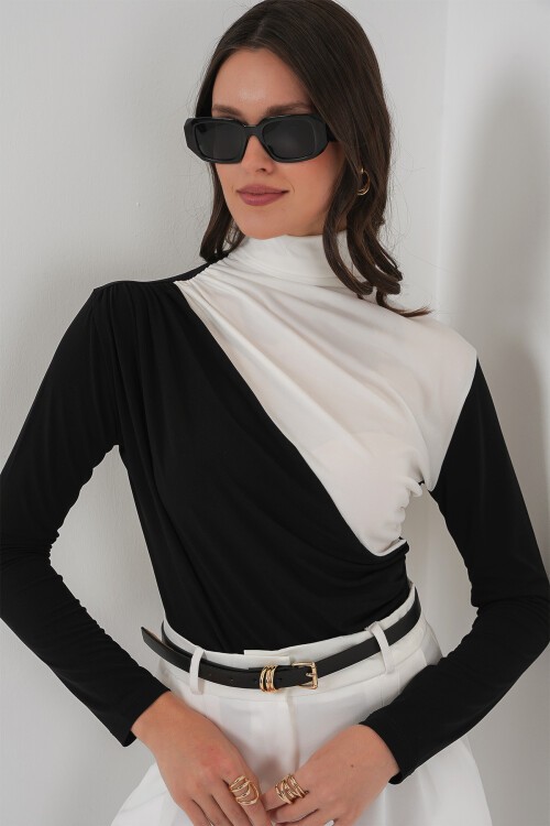Merterium 940 Büzgü Detaylı Sandy Bluz - Siyah