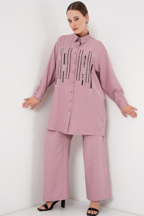 Merterium Desenli Tunik Pantolon İkili Takım 6720 - Gül Kurusu