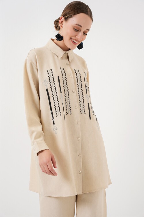 Merterium Desenli Tunik Pantolon İkili Takım 6720 - Krem