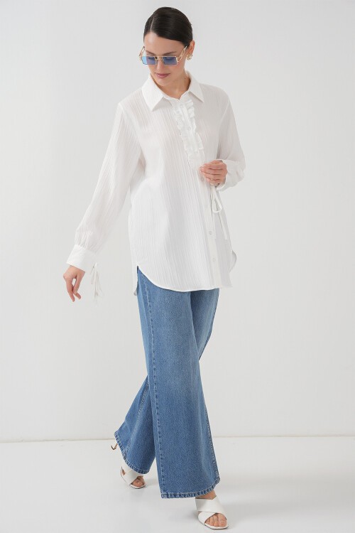 Merterium Fırfırlı Uzun Gömlek Tunik 5953 - Beyaz
