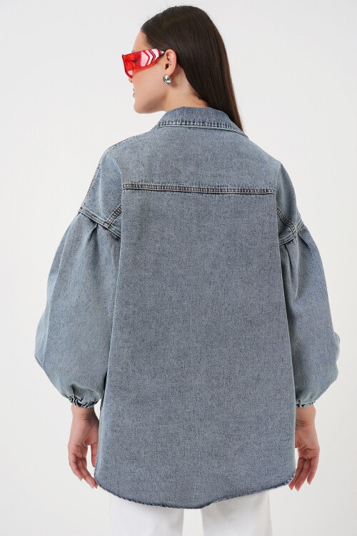 Merterium Kadın Balon Kol Oversize Kot Ceket - Mavi