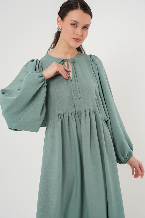 Merterium Kadın Balon Kol Uzun Tesettür Elbise 2464 - Çağla