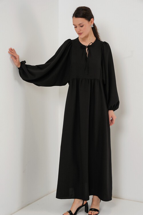 Merterium Kadın Balon Kol Uzun Tesettür Elbise 2464 - Siyah