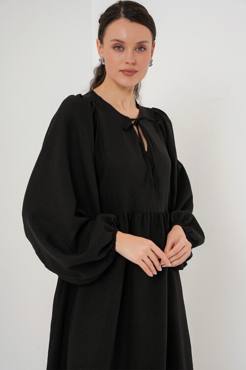 Merterium Kadın Balon Kol Uzun Tesettür Elbise 2464 - Siyah