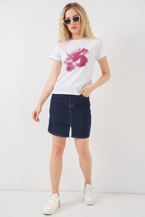 Kadın Baskılı Basic Tişört 4349 - Mürdüm