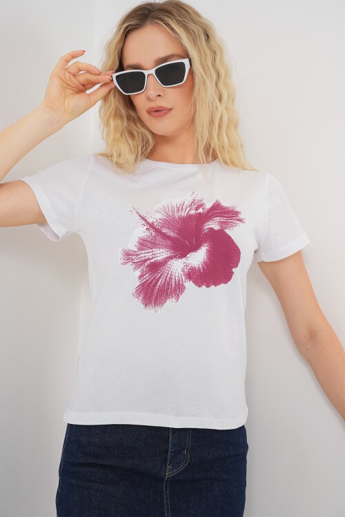 Kadın Baskılı Basic Tişört 4349 - Mürdüm