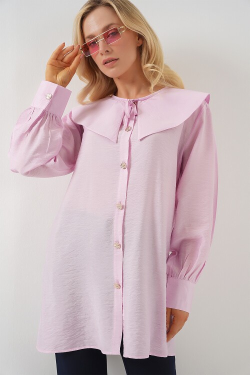 Merterium Kadın Bebe Yaka Uzun Tunik 5967 - Pudra