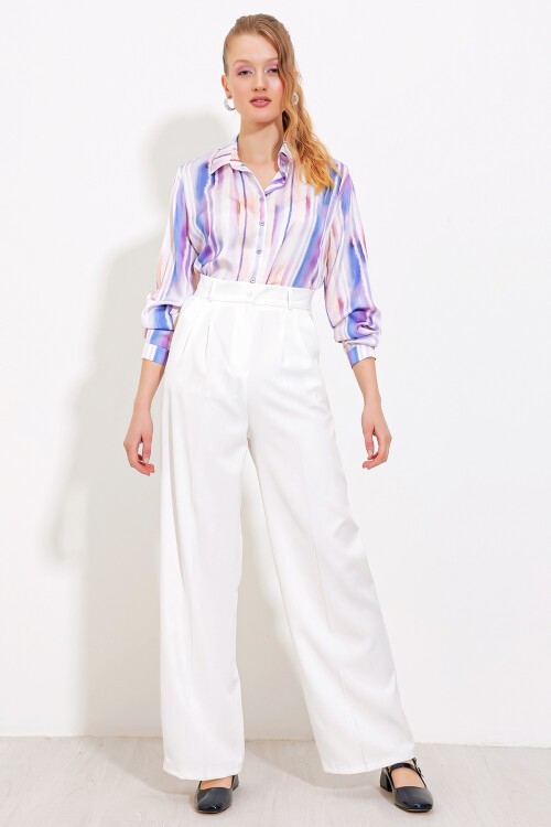 Merterium Kadın Beyaz Bol Paça Kumaş Pantolon 6647