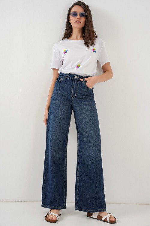 Merterium Kadın Bol Paça Yüksek Bel Palazzo Kot Pantolon 6656 - B.Lacivert