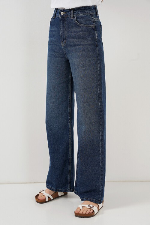 Merterium Kadın Bol Paça Yüksek Bel Palazzo Kot Pantolon 6656 - B.Lacivert