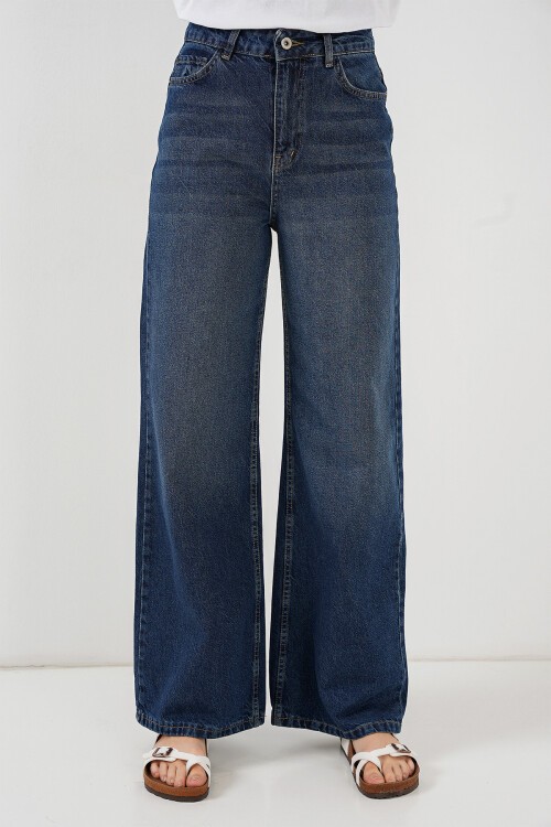 Merterium Kadın Bol Paça Yüksek Bel Palazzo Kot Pantolon 6656 - B.Lacivert