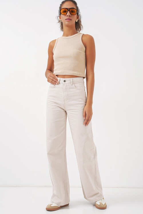 Merterium Kadın Bol Paça Yüksek Bel Palazzo Kot Pantolon 6656 - Ekru