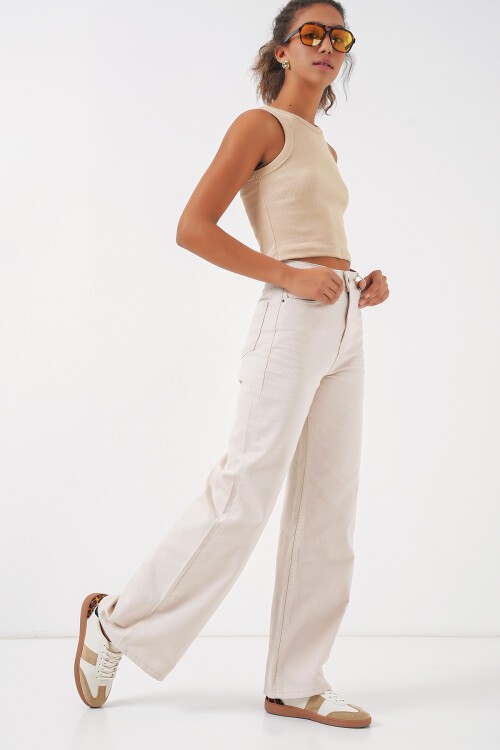 Merterium Kadın Bol Paça Yüksek Bel Palazzo Kot Pantolon 6656 - Ekru