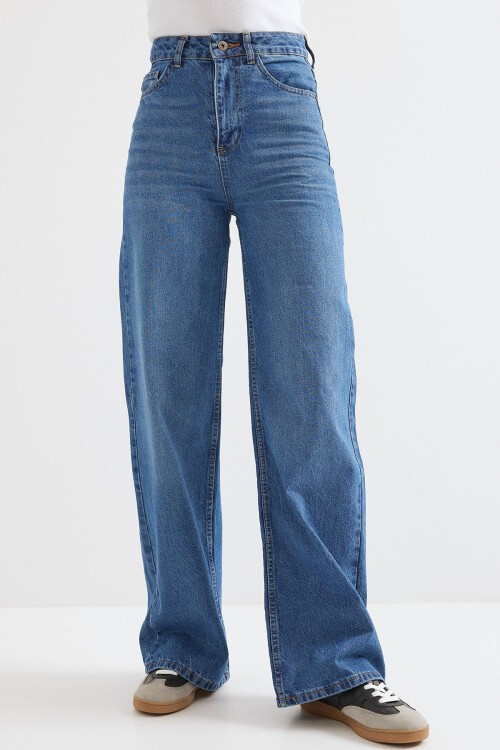 Merterium Kadın Bol Paça Yüksek Bel Palazzo Kot Pantolon 6656 - Lacivert