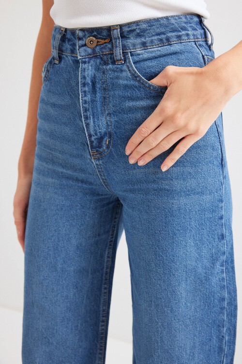 Merterium Kadın Bol Paça Yüksek Bel Palazzo Kot Pantolon 6656 - Lacivert