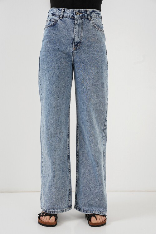 Merterium Kadın Bol Paça Yüksek Bel Palazzo Kot Pantolon 6656 - Mavi