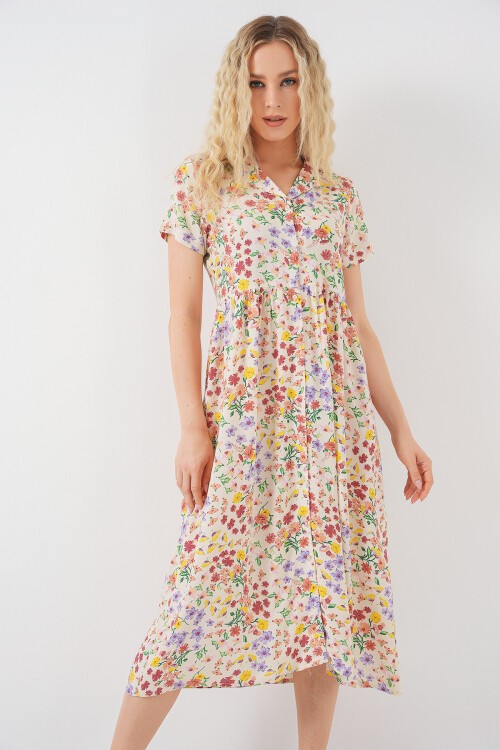 Kadın Boydan Düğmeli Kısa Kol Çiçekli Elbise 2561 - Krem