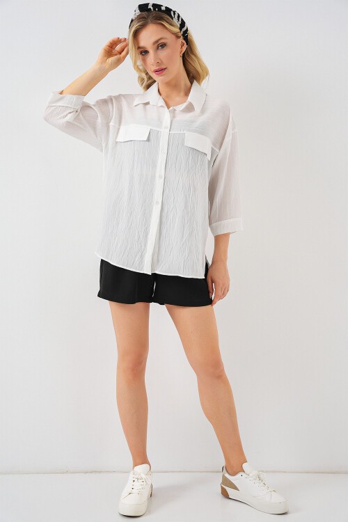 Merterium Kadın Cep Detaylı Kısa Kol Gömlek 20317 - Beyaz