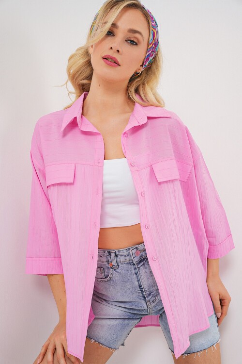 Merterium Kadın Cep Detaylı Kısa Kol Gömlek 20317 - Pembe
