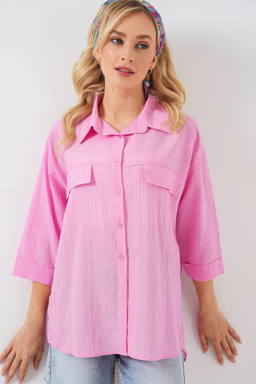 Merterium Kadın Cep Detaylı Kısa Kol Gömlek 20317 - Pembe