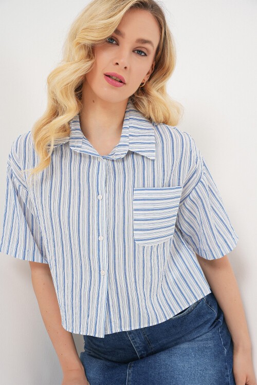 Kadın Çizgili Crop Gömlek 20342 - Mavi