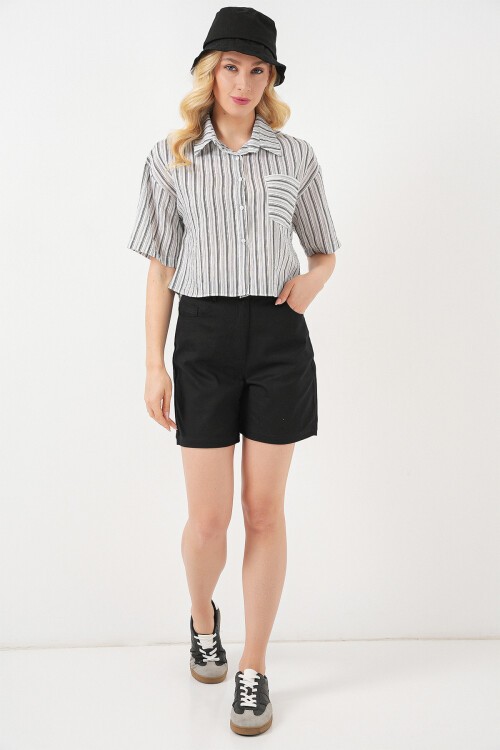 Kadın Çizgili Crop Gömlek 20342 - Siyah
