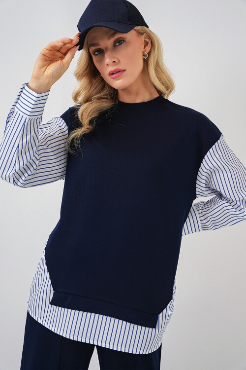 Merterium Kadın Çizgili Dokuma İkili Takım 6750 - Lacivert