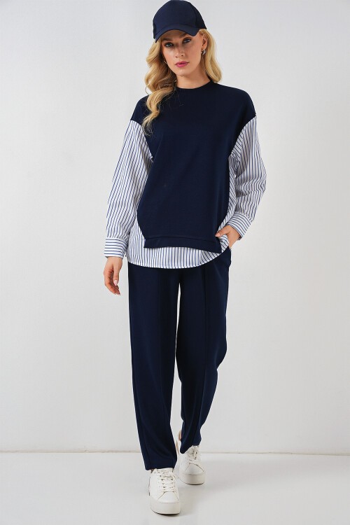 Merterium Kadın Çizgili Dokuma İkili Takım 6750 - Lacivert